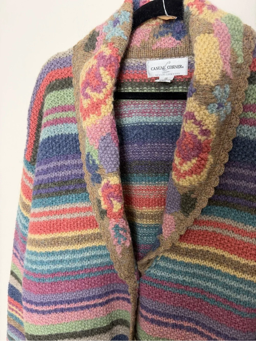 vintage Casual Corner shetland wool colorful maximalist floral stripe cardigan M - Picture 6 of 8